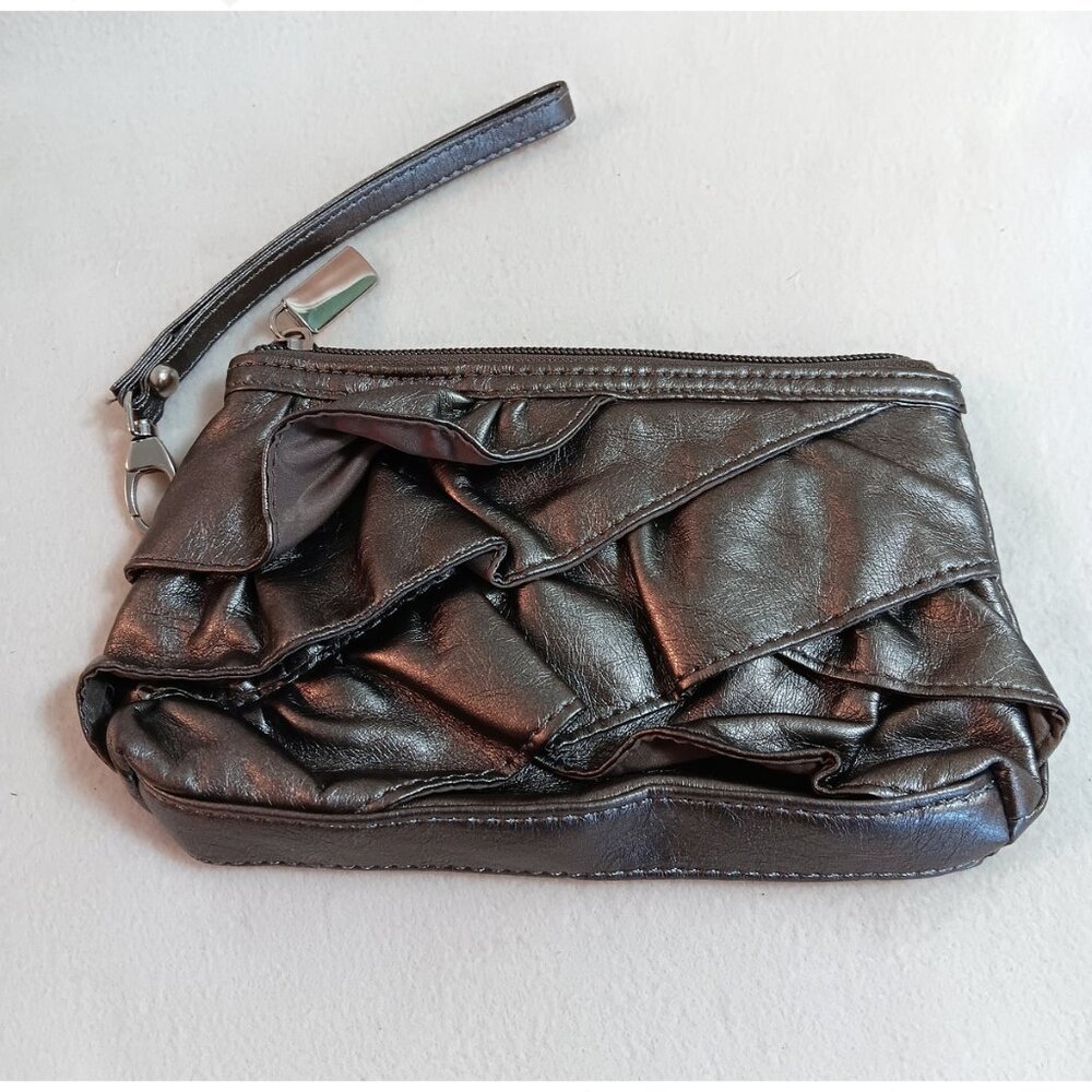 NY New York & Co ruffled wristlet purse clutch taupe/grey